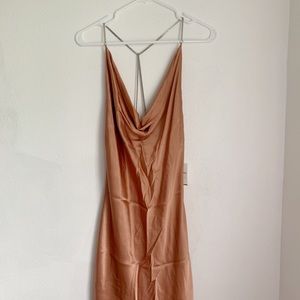 Satin cowl neck slip dress with chains